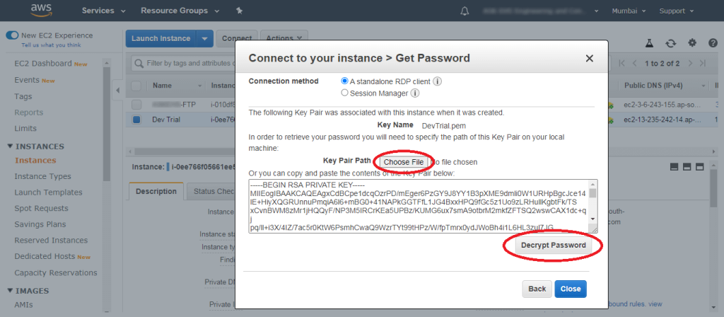 Click on the Decrypt Password button -Create AWS EC2